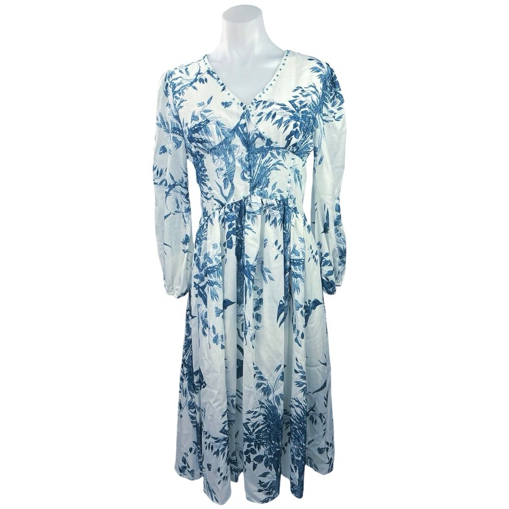 Commense Multicolor Floral Print Long Sleeve V-Neck A-Line Blue White Midi Dress